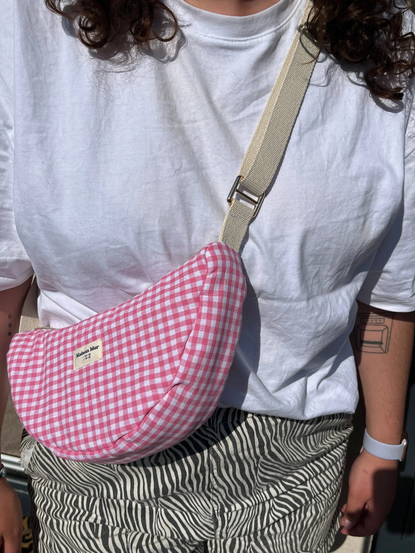 Sac demi-lune vichy rose Maison Mer